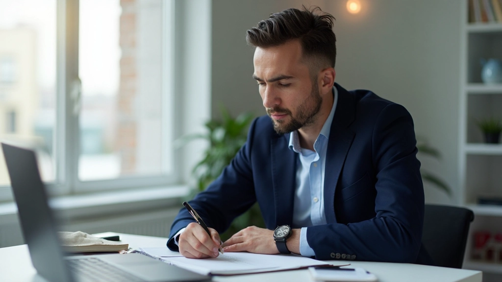 Профессиональное фото человека, работающего над планом развития с блокнотом в офисе