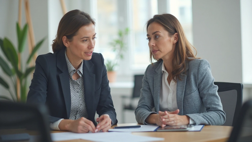 Профессиональное фото двух коллег, обсуждающих стратегию развития карьеры